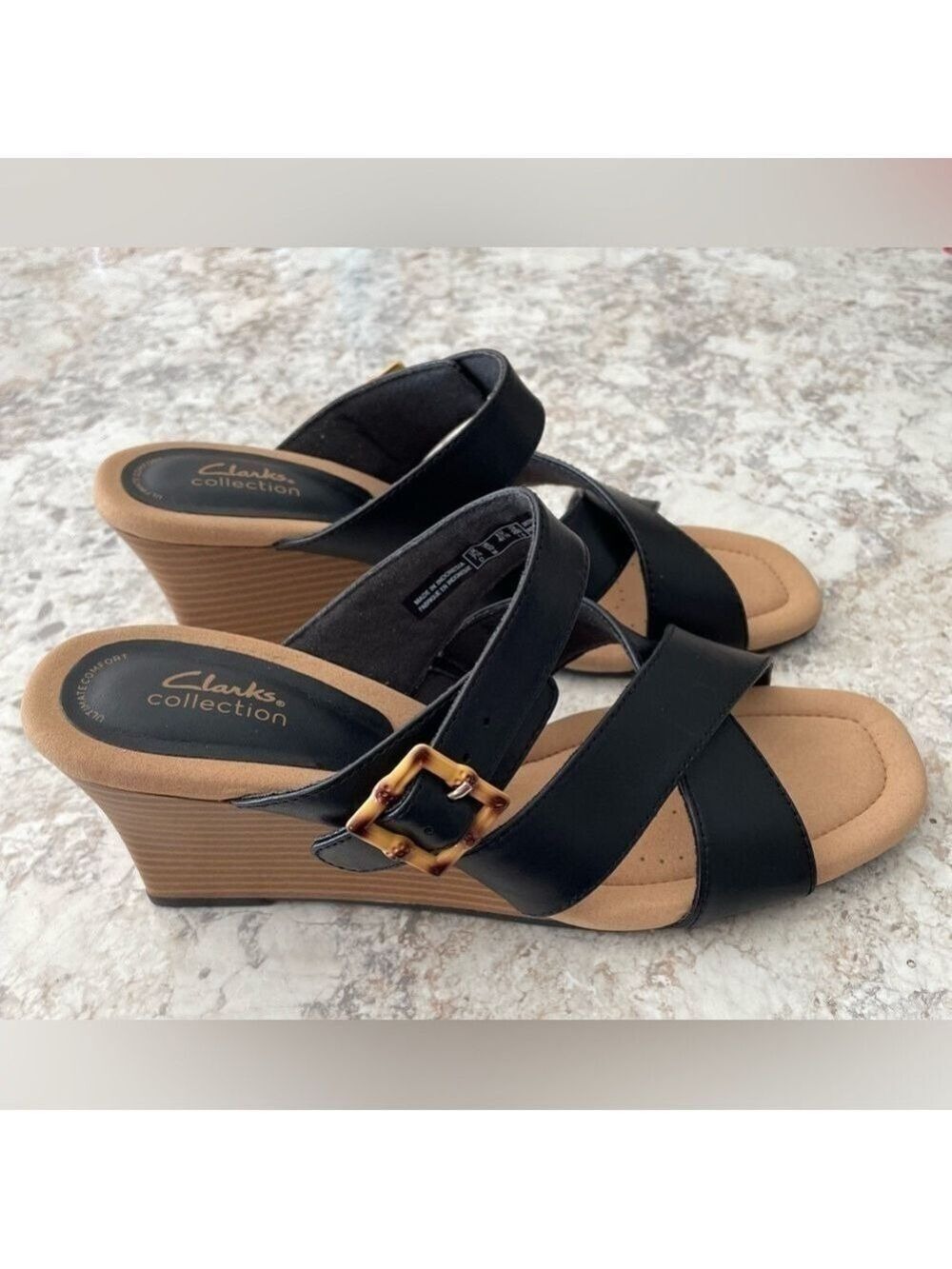 NWOB CLARKS Women's Kyarra Judi Strappy Slip-On Wedge Sandals Black 10 BRAND NEW